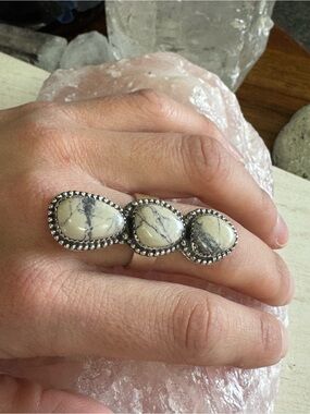 Southwestern Porcelain Jasper Triple Stone Sterling Silver Statement Ring